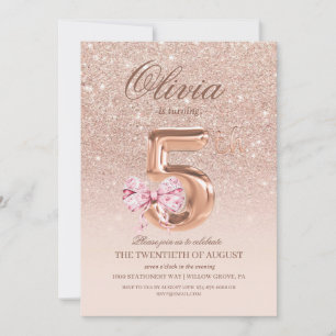5th Birthday Rose Pink Gold  Bow Birthday Party  Invitation