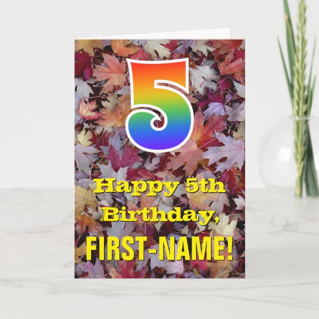 5th Birthday; Rustic Autumn Leaves; Rainbow "5" Card (Front)