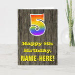 [ Thumbnail: 5th Birthday: Rustic Faux Wood Look, Rainbow "5" Card ]