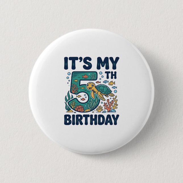 5th Birthday Sea Turtle Underwater Vector Design_1 Button (Front)