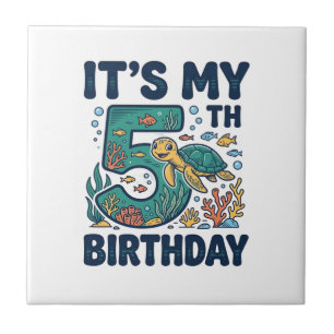 5th Birthday Sea Turtle Underwater Vector Design_1 Ceramic Tile