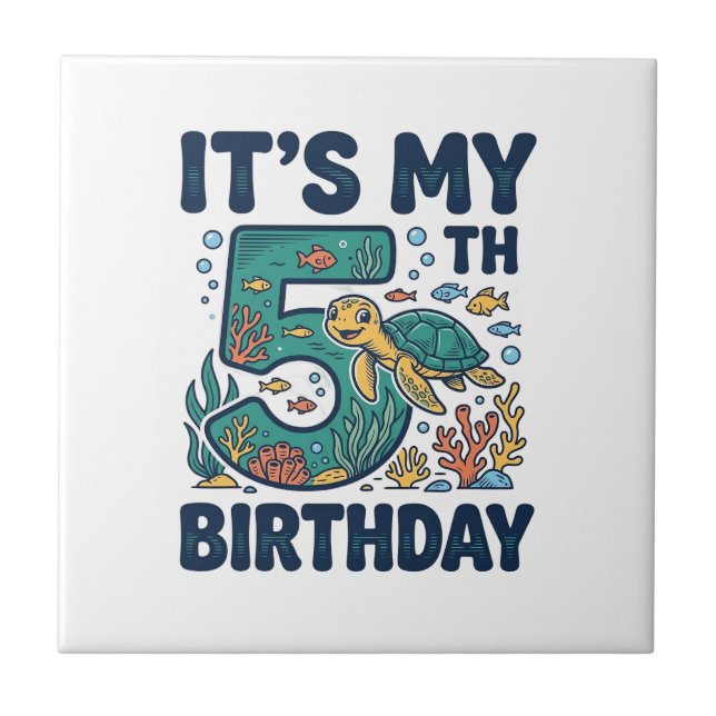 5th Birthday Sea Turtle Underwater Vector Design_1 Ceramic Tile (Front)