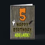 5th Birthday: Spooky Halloween Theme   Custom Name Card<br><div class="desc">The front of this scary and spooky Hallowe'en birthday themed greeting card design features a large number "5". It also features the message "HAPPY BIRTHDAY, ", plus a customizable name. There are also depictions of a bat and a ghost on the front. The inside features a personalized birthday greeting message,...</div>