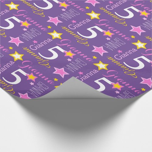 5th birthday star custom name purple pink yellow wrapping paper
