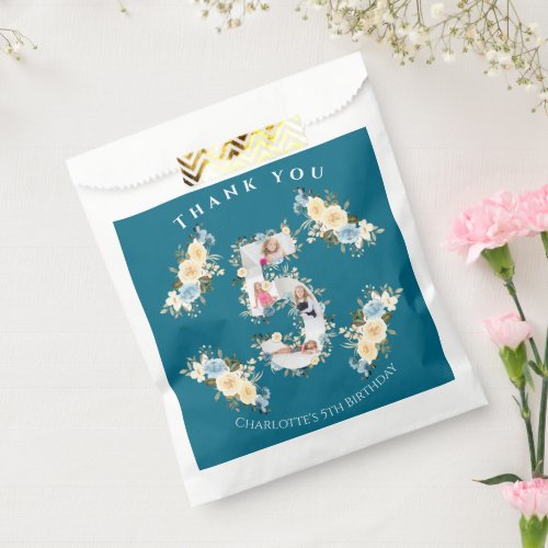 5th Birthday Teal Flower Photo Collage Blue Yellow Favor Bag