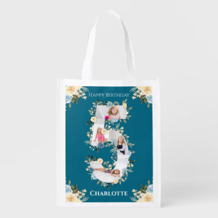 5th Birthday Teal Photo Collage Blue Yellow Flower Grocery Bag