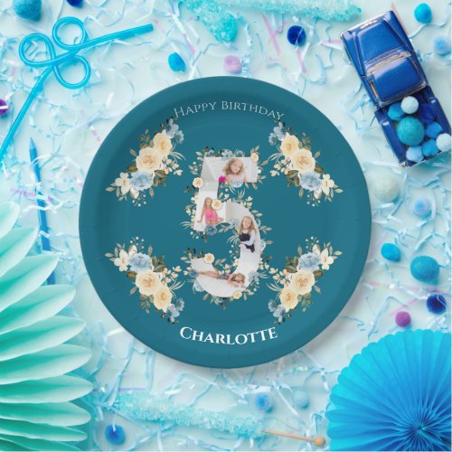 5th Birthday Teal Photo Collage Blue Yellow Flower Paper Plates