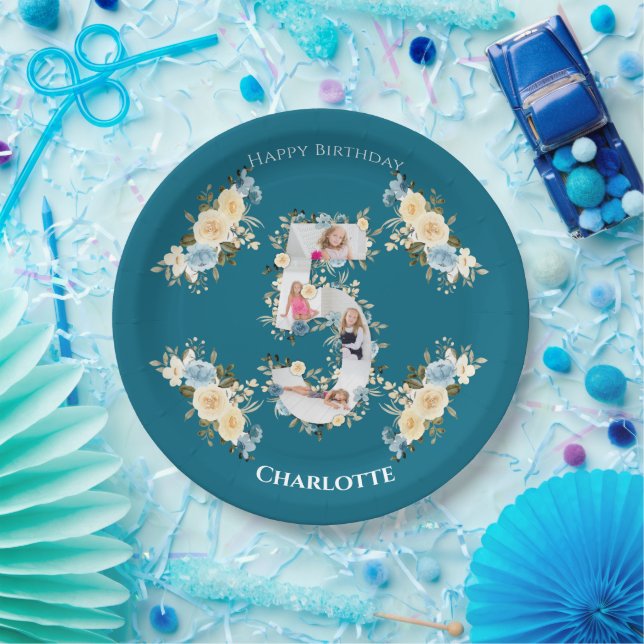 5th Birthday Teal Photo Collage Blue Yellow Flower Paper Plates (Party)