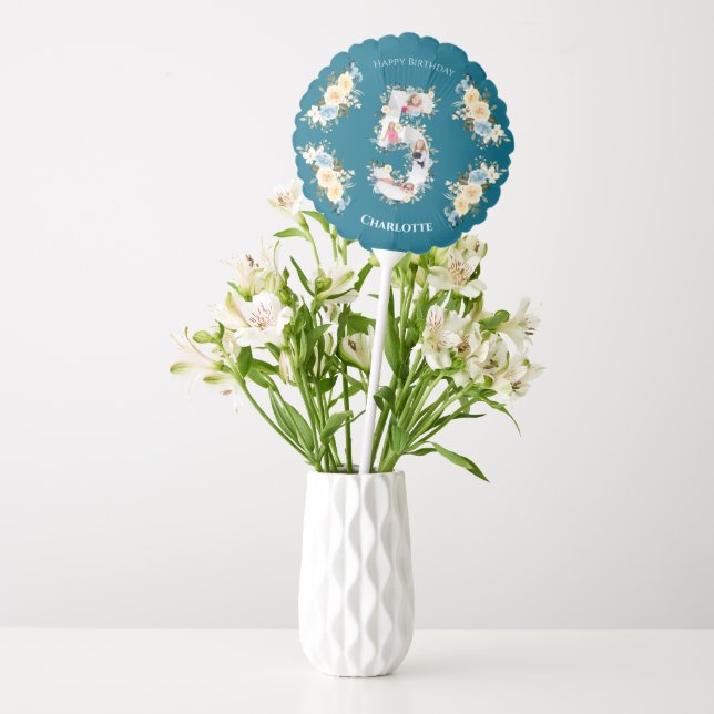 5th Birthday Teal Photo Collage Flower Blue Yellow Balloon (Vase)