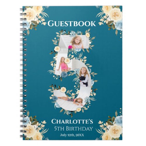 5th Birthday Teal Photo Yellow Flower Guest Book