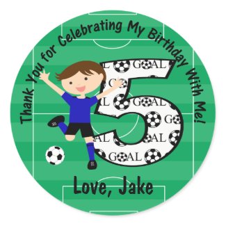 5th Birthday Thank You Blue and Black Soccer Classic Round Sticker