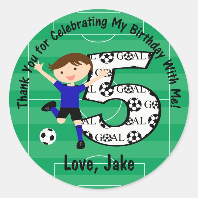 5th Birthday Thank You Blue and Black Soccer Classic Round Sticker (Front)