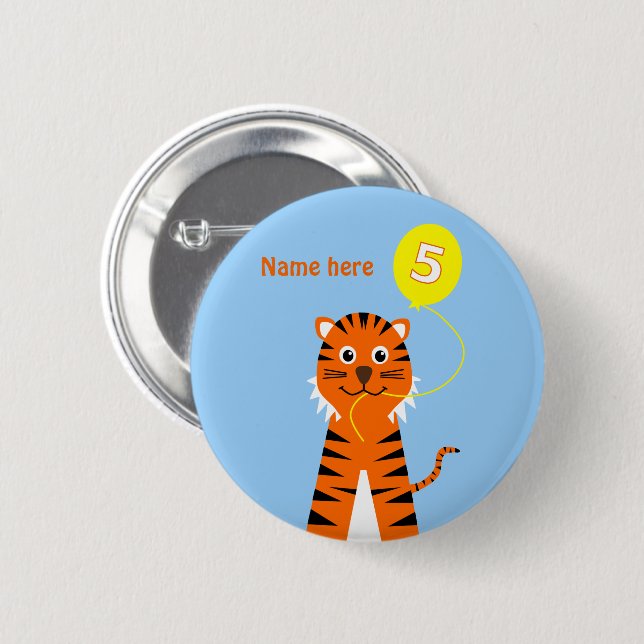 5th birthday tiger add name blue orange pinback button (Front & Back)