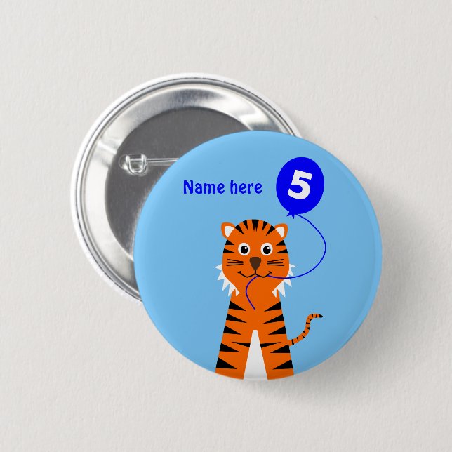 5th birthday tiger add name cute blue pinback button (Front & Back)