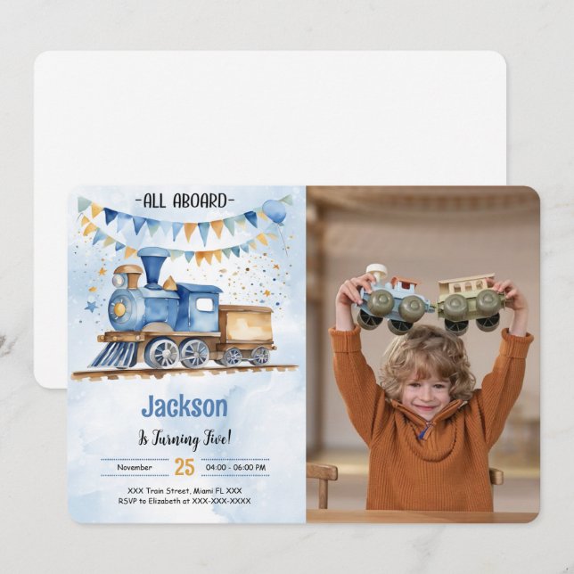 5th Birthday Train Party Photo Invitation (Front/Back)