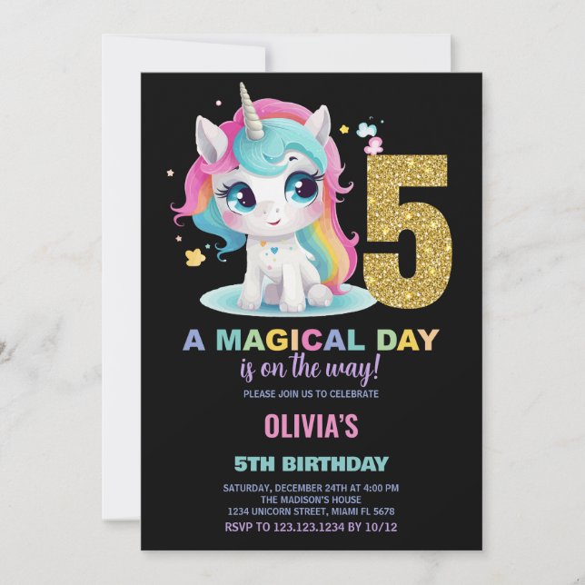 5th Birthday Unicorn Birthday Invitations (Front)