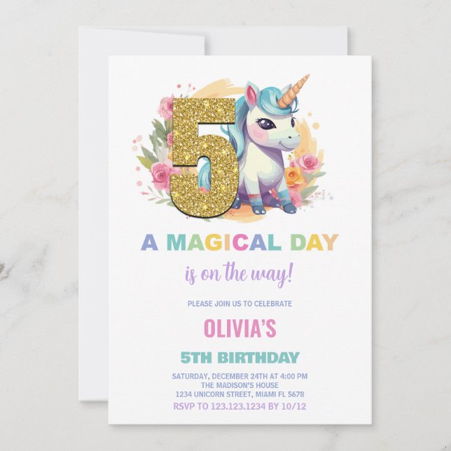 5th Birthday Unicorn Birthday Invitations (Front)