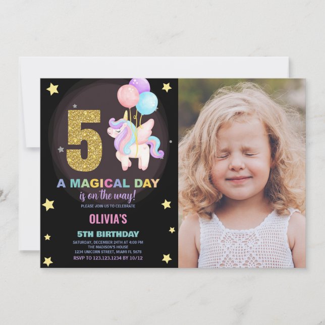 5th Birthday Unicorn Birthday Invitations photo (Front)