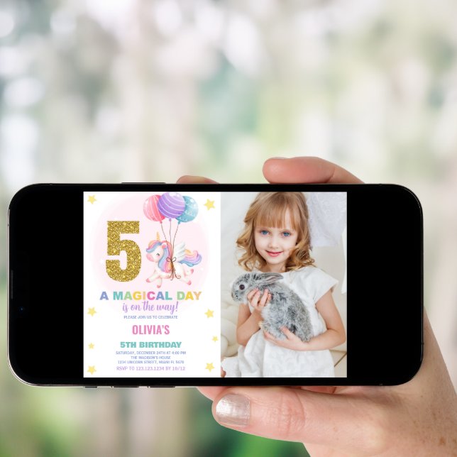 5th Birthday Unicorn Birthday Invitations photo (Front Digital)