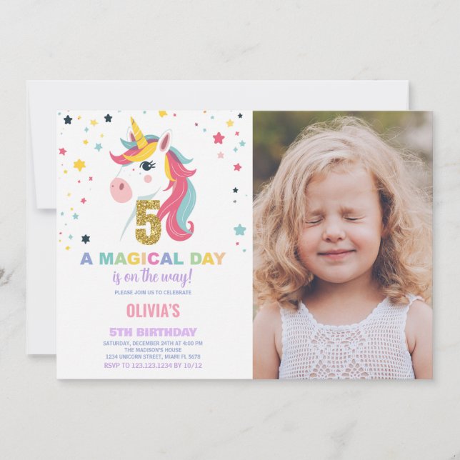 5th Birthday Unicorn Birthday Invitations photo (Front)