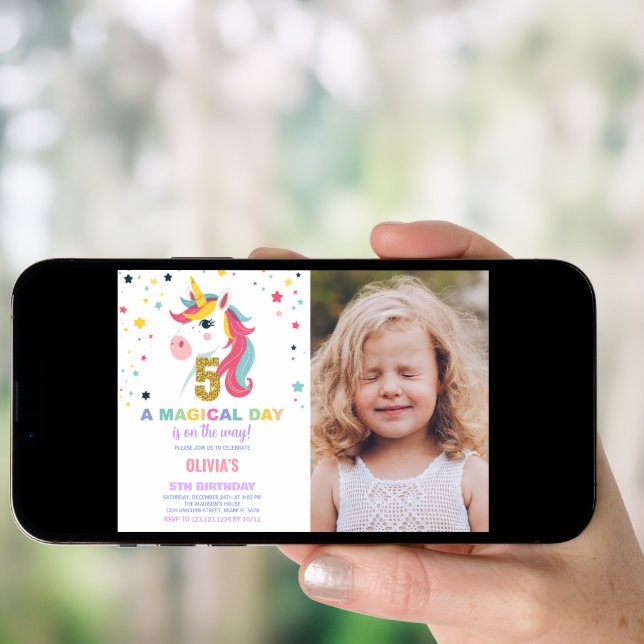 5th Birthday Unicorn Birthday Invitations photo (Front Digital)
