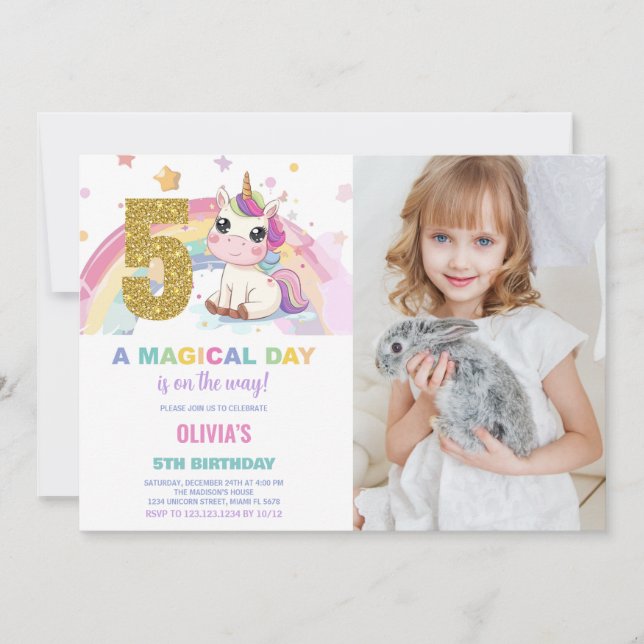 5th Birthday Unicorn Birthday Invitations photo (Front)