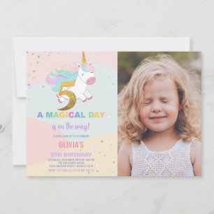 5th Birthday Unicorn Birthday Invitations w photo