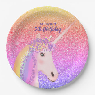 5th Birthday Unicorn Rainbow Pastel Personalized Paper Plates