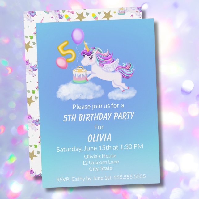 5th Birthday Unicorn With Cake Invitation (Creator Uploaded)