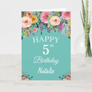 5th Birthday Watercolor Floral Flowers Teal Card