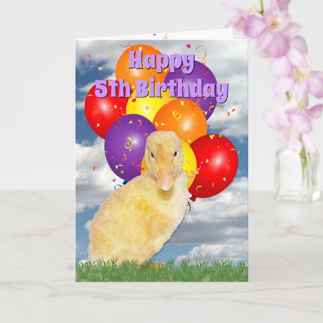 5th Birthday Yellow Duckling Colorful Balloons Card (Orchid)