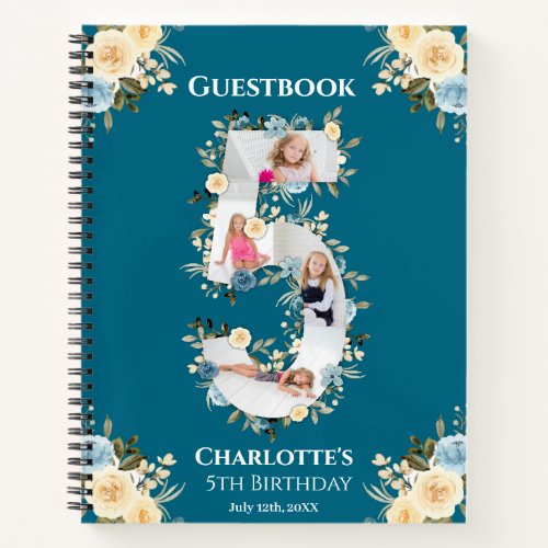 5th Birthday Yellow Flower Teal Photo Guest Book
