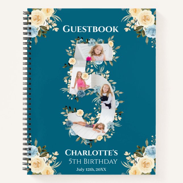 5th Birthday Yellow Flower Teal Photo Guest Book (Front)