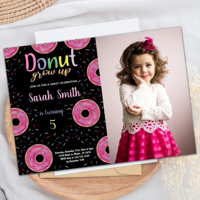 5th Black Pink Photo Donut Birthday Invitations (5th Black Pink Photo Donut Birthday Invitations)
