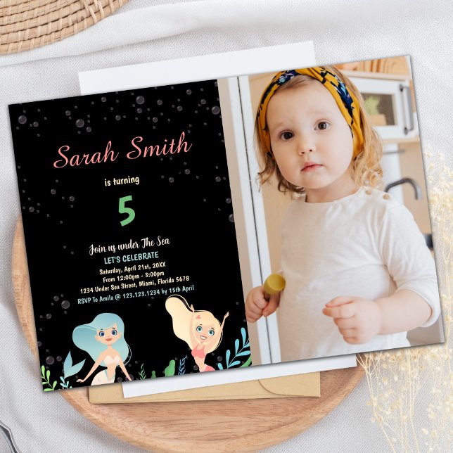 5th Blond Mermaid Birthday Invitations with photo (5th Blond Mermaid Birthday Invitations with photo)