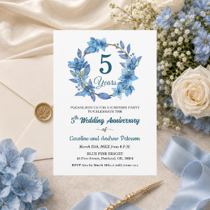 5th Blue Floral Surprise Wedding Anniversary Invitation
