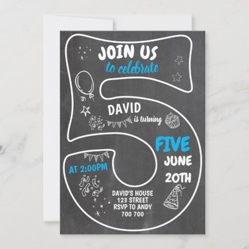 5th Boy Birthday Chalkboard Blue Number Invitation