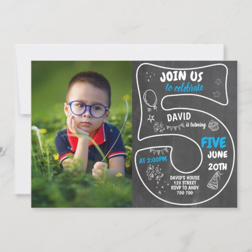 5th Boy Birthday Chalkboard with Photo Blue Number Invitation