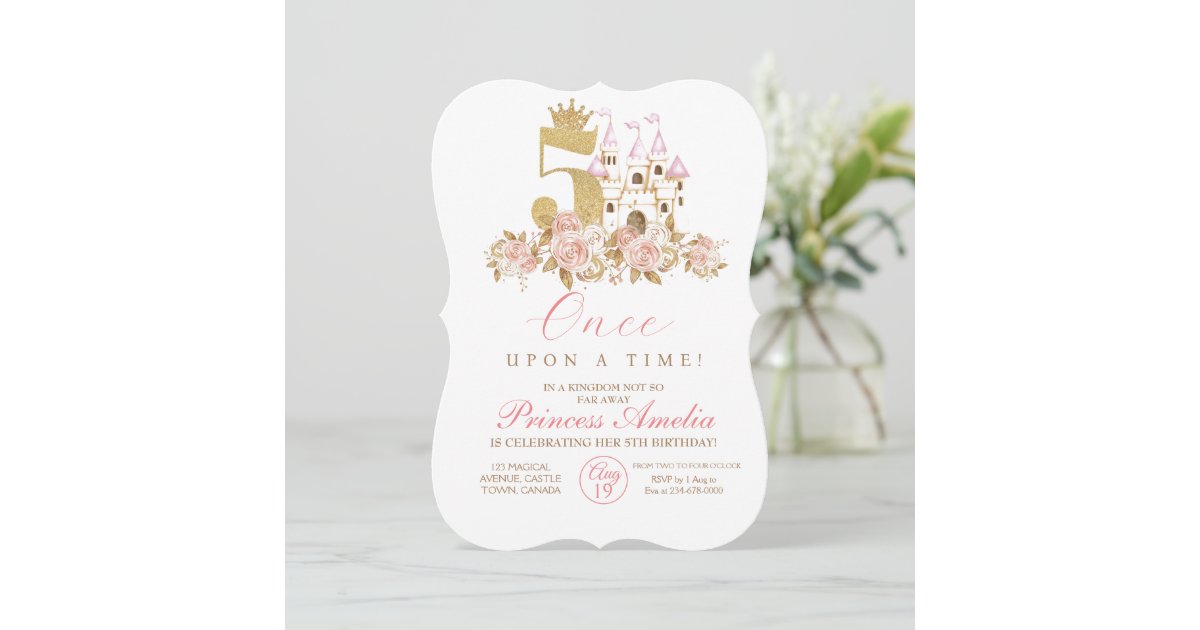 5th Castle Gold Crown Princess Floral Birthday Invitation | Zazzle