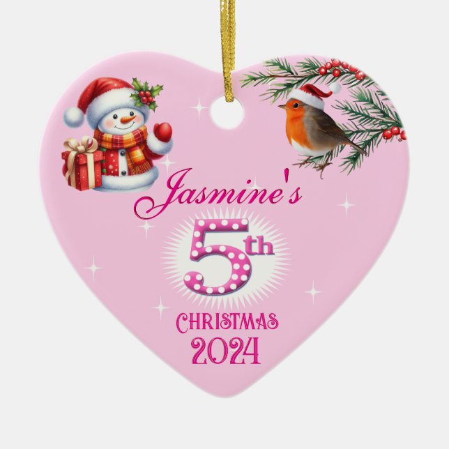 5th Christmas Personalized Girl's Heart Keepsake Ceramic Ornament (Front)