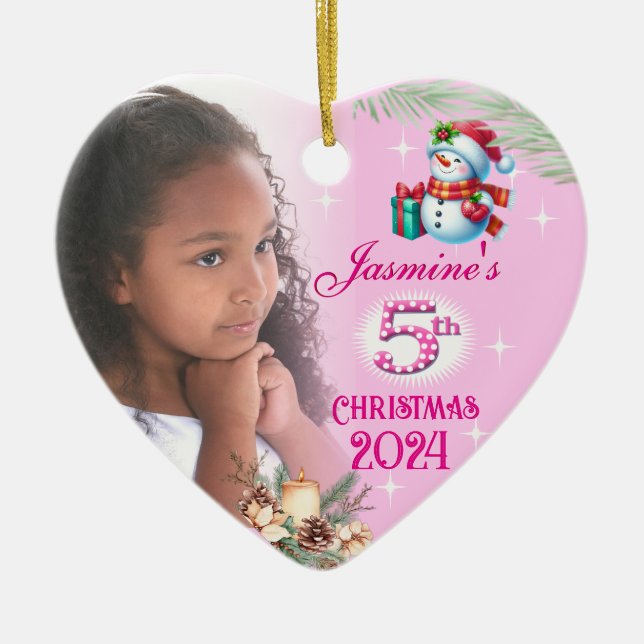 5th Christmas Personalized Girl's Photo Heart Gift Ceramic Ornament (Front)