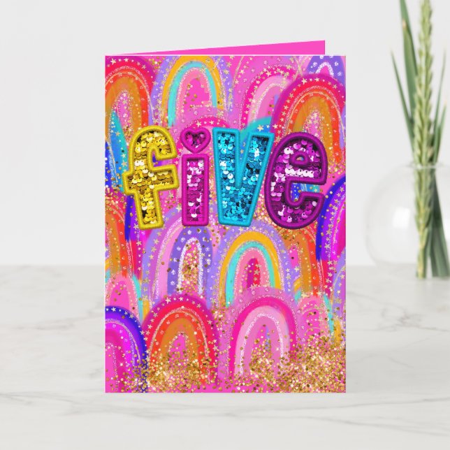 5th Cute Hot Pink Birthday Rainbow Sequin Thank You Card (Front)
