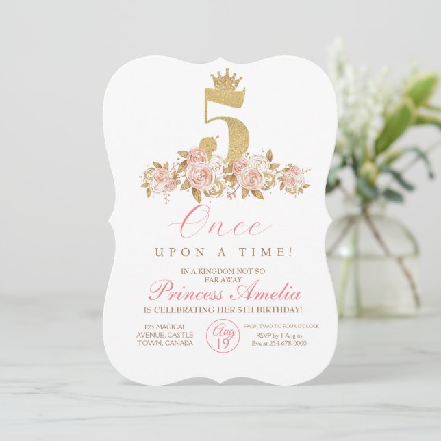 5th Cute Pink Gold Crown Princess Birthday  Invitation (Standing Front)