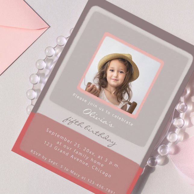5th fifth birthday pink Invitation girl photo  (Creator Uploaded)
