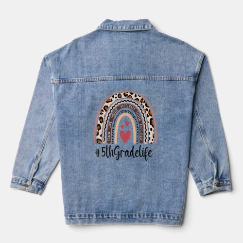 5th Fifth Grade Life Rainbow Leopard Teacher Back  Denim Jacket