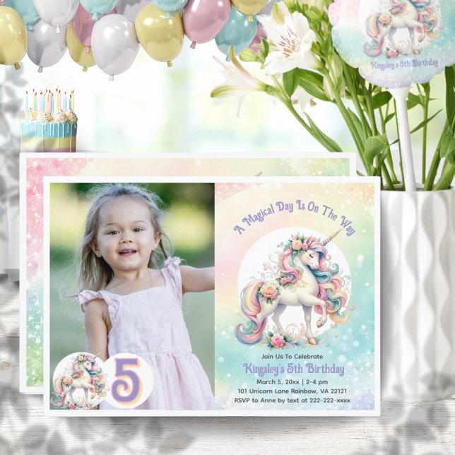 5th Five Unicorn Pastel Radiant Rainbow Photo Invitation (5th Five Unicorn Pastel Radiant Rainbow Photo Invitation)