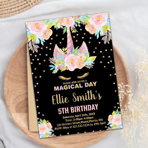 5th Floral Black Unicorn Birthday Invitations