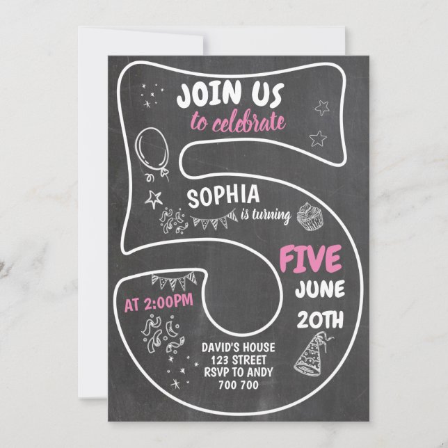 5th Girl Birthday Chalkboard Pink Number Invitation (Front)