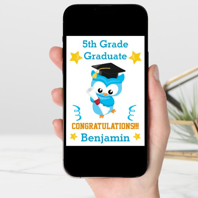 5th Grade Boy Graduation Blue Owl Congrats Card (Front Digital)
