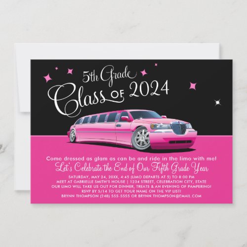 5th Grade Class Girly Pink Limousine Night Out Invitation